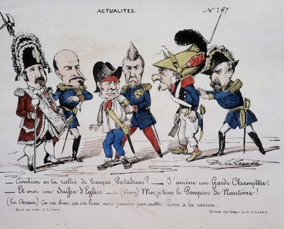 Desenho animado sobre a Comuna "Notícias - Quantas tropas você mobilizou, Paladine? - Vou trazer um guarda do campo. E eu sou uma igreja suíça. - (Vinoy) Eu seguro o bombeiro de Nanterre - (No coração) Está tudo bem, está tudo bem, vamos finalmente pôr Par de French School