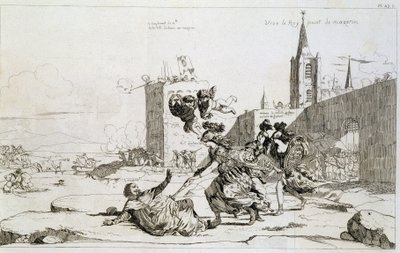 Desenho animado com Mademoiselle de Montpensier (Grande Mademoiselle) "varrendo da França Mazarin et ses partisans de French School