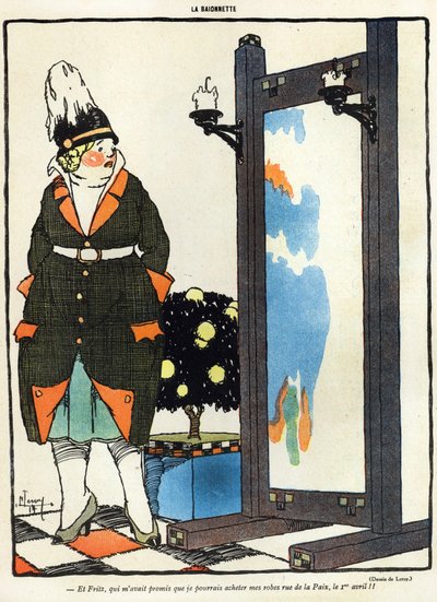 Cartoon retratando uma senhora alemã decepcionada por não poder comprar suas roupas novas em Paris, na rue de la Paix, da edição de abril da revista La Baionette, edição de abril de Fools (Poisson dAvril). de French School
