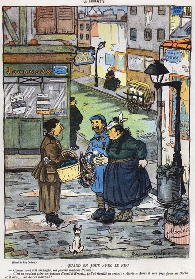 Cartoon mostrando o resultado de uma esposa tentar enganar seu marido, da edição de abril da revista La Baionette, em 29 de março de 1917. de French School