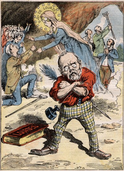 Desenho animado do escritor Emile Zola (1840-1902) que está perplexo com a devoção dos fiéis em Lourdes, apesar das suas críticas ao tema expressas no seu romance "Lourdes". Gravura em "Le Pelerin", de 30 de agosto de French School