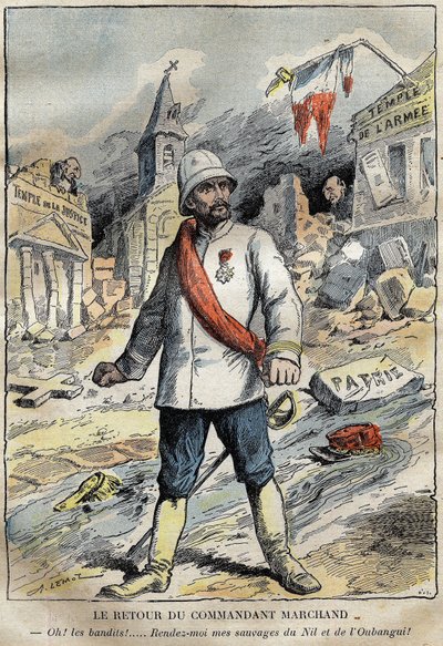Desenho animado sobre o comandante Jean-Baptiste (Jean Baptiste) Marchand (1863-1934), em Toulon, retornando de uma missão de exploração (1896-1899) na África. Gravura em "Le Pelerin" 4/06/1899. de French School