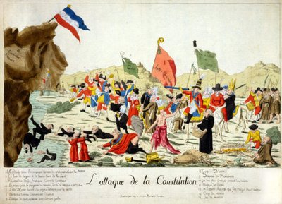 Desenho animado mostrando membros de vários grupos que atacam uma rocha, identificada como "Constituição Francesa", na qual a bandeira francesa repousa com a inscrição "Liberté". Os grupos são numerados e identificados abaixo da cópia. 1792 de French School