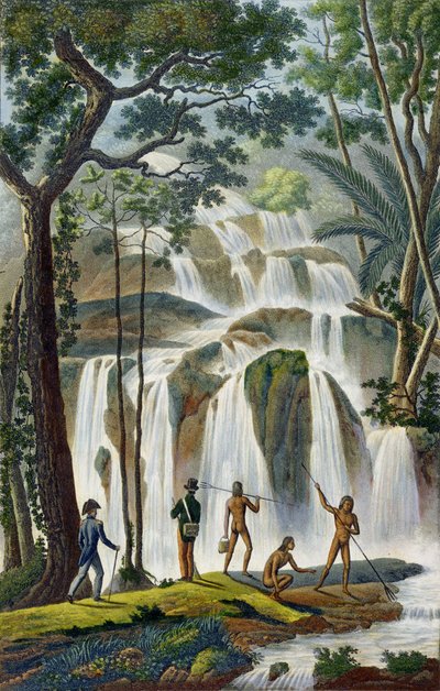 Cascata de Port Praslin, Nova Irlanda, de Viagem ao redor do mundo, executado por ordem do rei no Corvette de Sua Majestade, The Shell durante os anos 1822, 1823, 1824 e 1825, por Louis Isidore Dup de French School