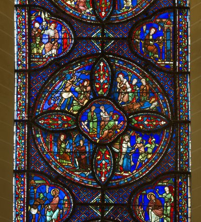 Cathedrale de chartres, vitral: vida de santo antoine e santo paul, ermitãos, detalhe no centro de French School