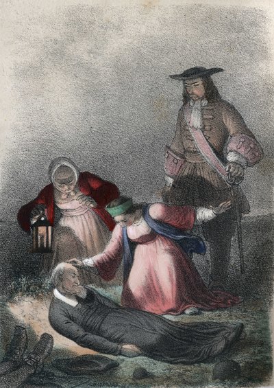 Catherine I da Rússia (Marta Elena Skavronska, depois Marfa Samuilovna Skavronskaya) - Catherine I (1684 - 1727), uma criança, encontra a Pastora Skovronski, a pastora que a criou, morrendo entre os mortos de Mariembourg, uma cidade invadida pelos russos - de French School