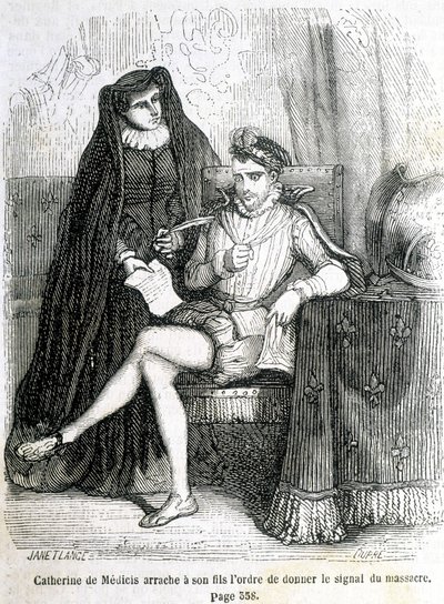 Catarina de Medici (Caterina de Medici) rasga de seu filho (Carlos IX) a ordem de dar o sinal do massacre de São Bartolomeu em 1572 - no "Histoire de France" de L.-P. Anquetil de French School