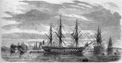 Festa católica: Sexta-feira Santa, em Toulon (Var, 83), em 1858. Os navios têm as suas varas em cruz e as suas bandeiras com meia adriça como sinal de luto. Gravura no "Le Monde Illustré" n°53 de 17 de Abril de 1858. de French School