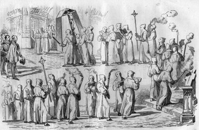 Diversão católica e superstições. Procissão dos Penitentes durante o ataque de Roma pelo Imperador Othon I, o Grande (912-973). Gravura no "Histoire des Papes-Rois-Queen and Empereurs a travessa les centuries" de Maurice Lachatre de French School