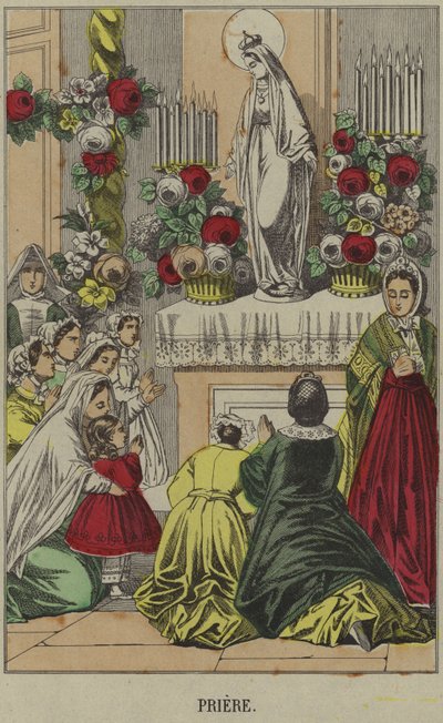 Católicos rezando diante de uma estátua da Virgem Maria de French School