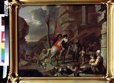 "Cavaleiros numa taberna" Os mendigos estão sentados em frente à entrada. Pintura da escola francesa da segunda metade do século XVII. Museu Pushkin, Moscovo de French School