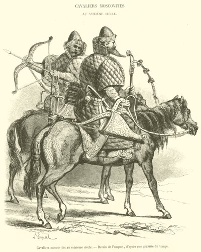 Os cavaleiros moscovitas do século XVI (gravura) de French School