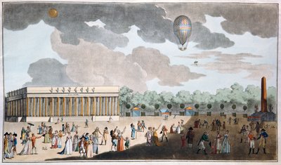 Celebração do Dia da Bastilha, 14 de julho na Champs Elysees, Paris em 1801 (aquatinta colorido à mão) de French School