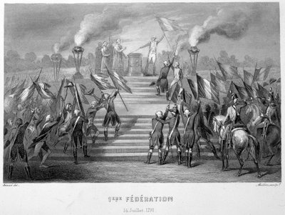Celebração da 1ª Federação Nacional em 14 de julho de 1790 no Altar da Pátria em Champs-de-Mars, por ocasião do 1º aniversário da captura da bastilha - em “Fasttes de Gardes nationales de France” ” de French School