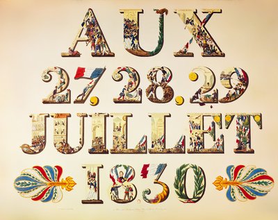 Celebração dos Três Dias Gloriosos, 27, 28 e 29 de julho de 1830 (gravura a cores) de French School