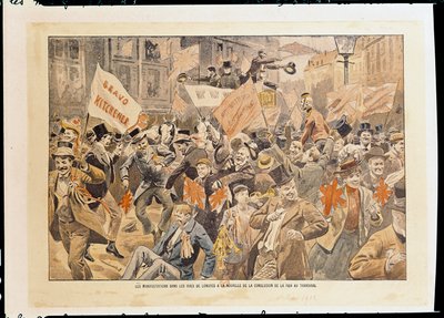 Celebrações nas ruas de Londres na sequência da notícia da conclusão da paz no Transvaal, Maio de 1902 (impresso) de French School