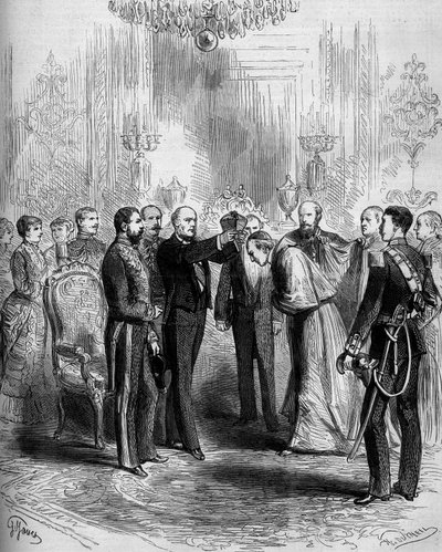 Cerimónia para a apresentação da insígnia do cardinalato: Pier Francesco Meglia (1810-1883) recebeu o casaco vermelho do cardeal, enquanto Jules Grevy (1807-1891) colocou a cardealice barette na sua cabeça. Paris, Palais de l
