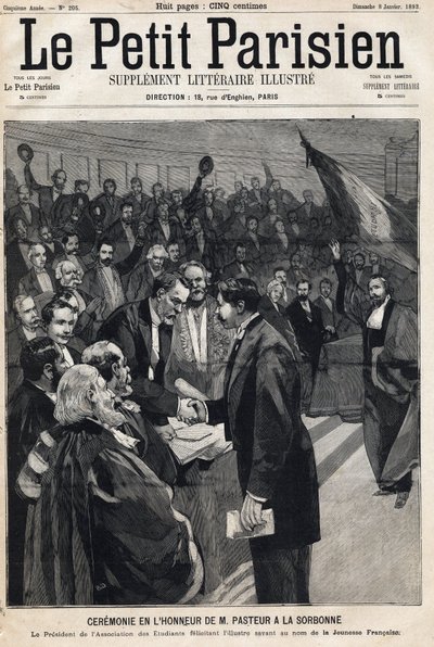 Cerimônia em homenagem ao cientista Louis Pasteur (1822-1895) na Sorbonne para comemorar seu aniversário. Um dos jornais " Le Petit Parisien" em 08/01/1893 (gravura) de French School