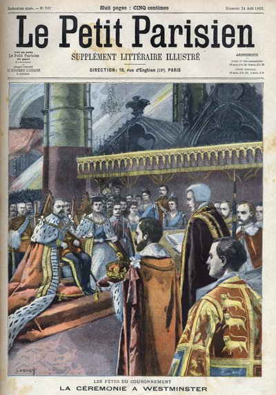 Cerimónia da coroação em Westminster: Rei Eduardo VII (1841-1910) e Alexandra da Dinamarca (1844-1925), em "Le petit Parisien". de French School
