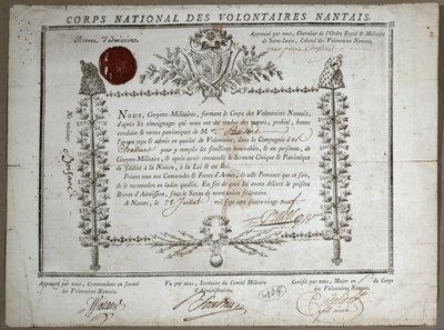 Certificado de Admissão à Guarda Nacional de Voluntários de Nantes, 1789 de French School