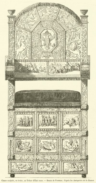 Cadeira de marfim esculpida pelo Tesouro do Estado Russo (gravura) de French School