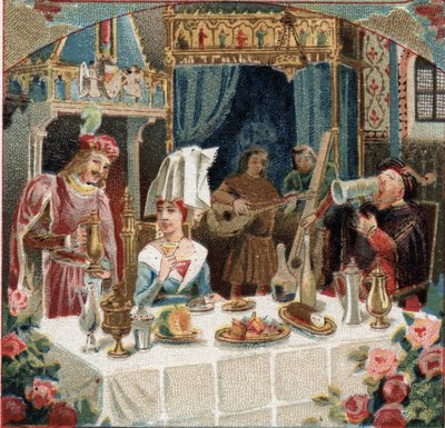 Chamberlain Jehan de Saintre servindo uma bebida no Lady of Belles Cousines (Belles-Cousines) em um banquete no Chateau d