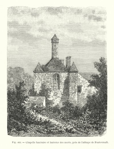 Capela funerária e lanterna dos mortos, perto da abadia de Fontevrault (gravura) de French School