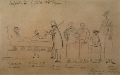 Charcot desenhado por um dos seus alunos. Da esquerda para a direita: a paciente Genevieve em uma camisola, o Doutor Desejo Magloire Bourneville com um termômetro, Jean Martin Charcot, Raymond e Brissaud, Me Tirperme e Charles Fere. Salpetriere Hospi, Salp de French School