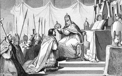 Carlos Magno (742-814) Coroado pelo Papa Leão III (c.750-816) na Roma de São Pedro, em 25 de dezembro de 800, de &39;Histoire de France&39; por Colart, publicado em 1840 de French School