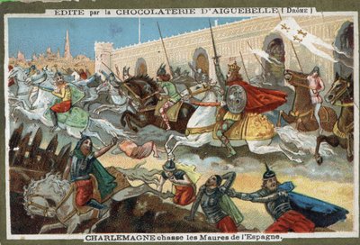 Carlos Magno (742-814) perseguindo os mouros da Espanha. Cromolitografia do século XIX. de French School