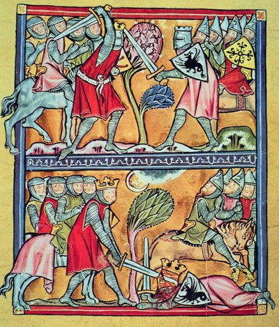 Carlos Magno e os seus paladinos em batalha contra os sarracenos, miniatura de "Carlos Magno e os seus paladinos" (vellum) de French School