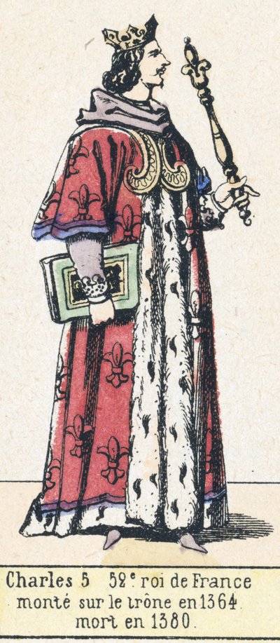 Carlos 5, 52º rei da França, subiu ao trono em 1364, morreu em 1380 (gravura colorida) de French School