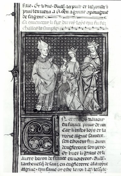 Charles III (879-929) o simples com sua esposa e seu filho, Louis IV (921-954), Grandes Chroniques de France, 1375-79 de French School