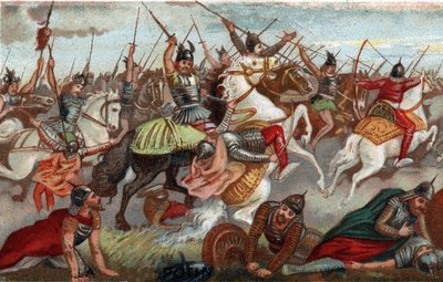 Charles Martel prendendo os muçulmanos na Batalha de Poitiers em 732. Cromolitografia do século XIX. de French School