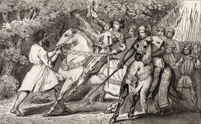 Carlos VI (1368-1412), o Insano, é avisado de uma emboscada na floresta perto de Angers, de &39;Histoire de France&39; por Colart, publicado em 1840. de French School
