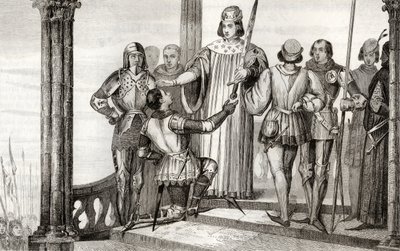 Charles V (1358-1880) o sábio apresenta sua espada a Duguesdin, de &39;Histoire de France&39; por Colart, publicado em 1840 de French School