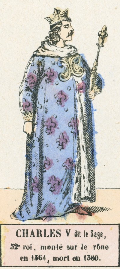 Carlos V o Sábio, 52º rei, ascendeu ao trono em 1364, morreu em 1380 (gravura colorida) de French School