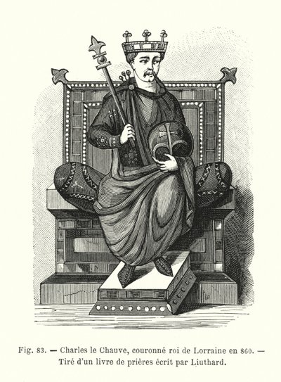 Carlos o Careca, coroado rei de Lorena em 860, a partir de um livro de orações escrito por Liuthard (gravura) de French School