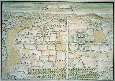 Chateaux de la Loire: "Vista do chateau de Plessis Bourre" Aguarela da escola francesa. 1699 Paris, B.N. de French School