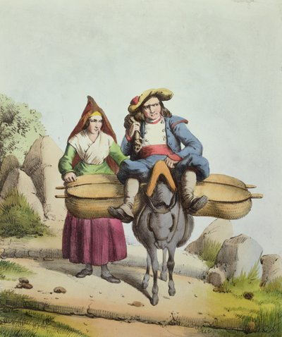Vendedores de queijo da região de Tarbes, c.1840 (gravura a cores) de French School