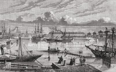 Cherbourg no século 18, gravado por Breton depois de Pibaraud, de "História da Revolução Francesa" por Louis Blanc (1811-82) de French School