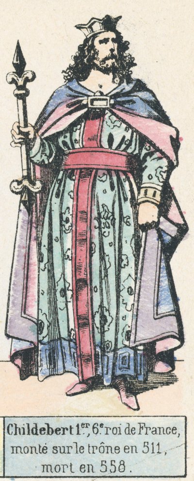 Childebert I, 6º rei da França, ascendeu ao trono em 511, morreu em 558 (gravura colorida) de French School