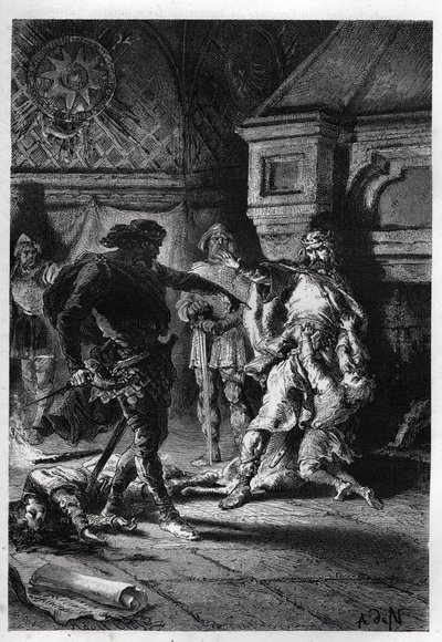 Childebert I (c498-558) no assassinato dos herdeiros de seus irmãos em 526 - Childebert I deixou Clotaire (Clothaire) massacrar os filhos de seu irmão Clodomir, rei de Orleans, cujos estados compartilham, 526 - gravura de "L