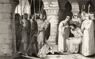 Childerico III (714-51) é destronado e confinado a um mosteiro, de &39;Histoire de France&39; por Colart, publicado em 1840 de French School