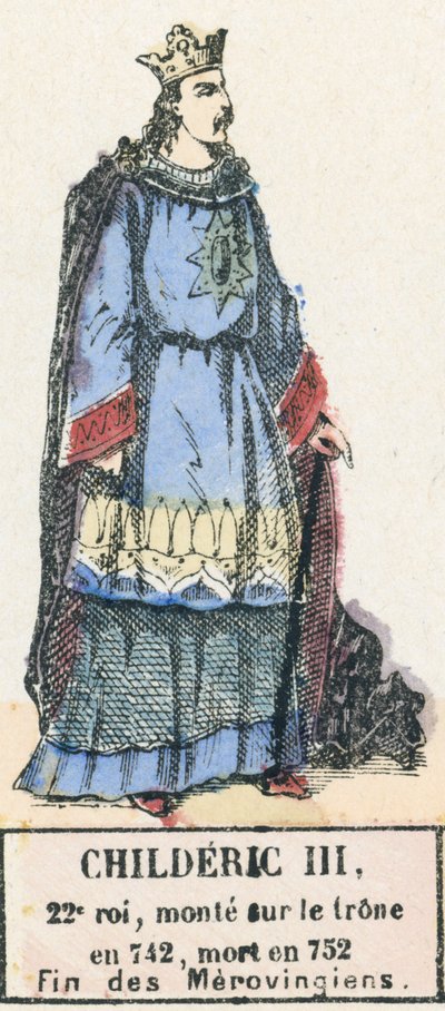 Childeric III, 22º rei, ascendeu ao trono em 742, morreu em 752, Fim dos Merovíngios (gravura colorida) de French School