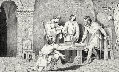 Childeric I (d.481) e a História das Duas Metades da Moeda de Ouro, de &39;Histoire de France&39; de Colart, publicado em 1840 de French School