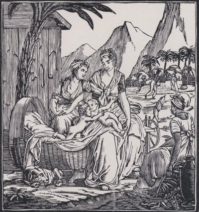 Infância de Paul e Virginie, cena do romance Paul et Virginie do autor francês Jacques-Henri Bernardin de Saint-Pierre (litografia) de French School