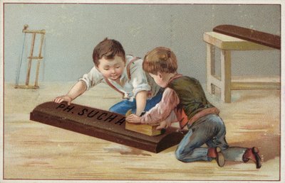Crianças construindo uma grande barra de chocolate de madeira, anunciando Suchard Chocolate de French School