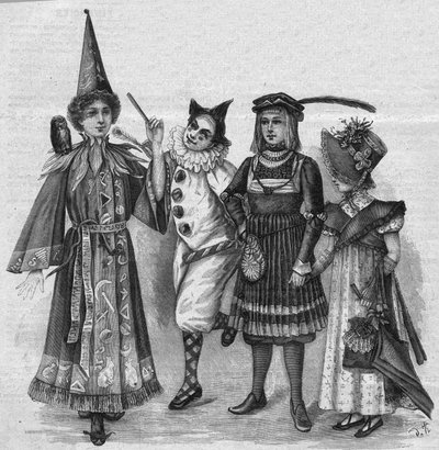 Roupas de criança: fantasias de bruxa, palhaço, página e "Império". Gravura em "La gazette du dimanche" de 23 de Janeiro de 1896. de French School