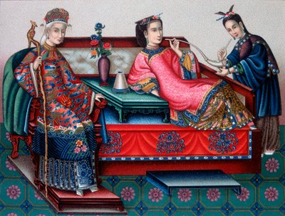 Mulheres nobres chinesas fumando ópio - em "O traje histórico" de Racinet de French School
